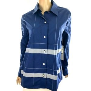 Edun Poplin Button Down Shirt Top Royal Blue/White Long Sleeve Size 2